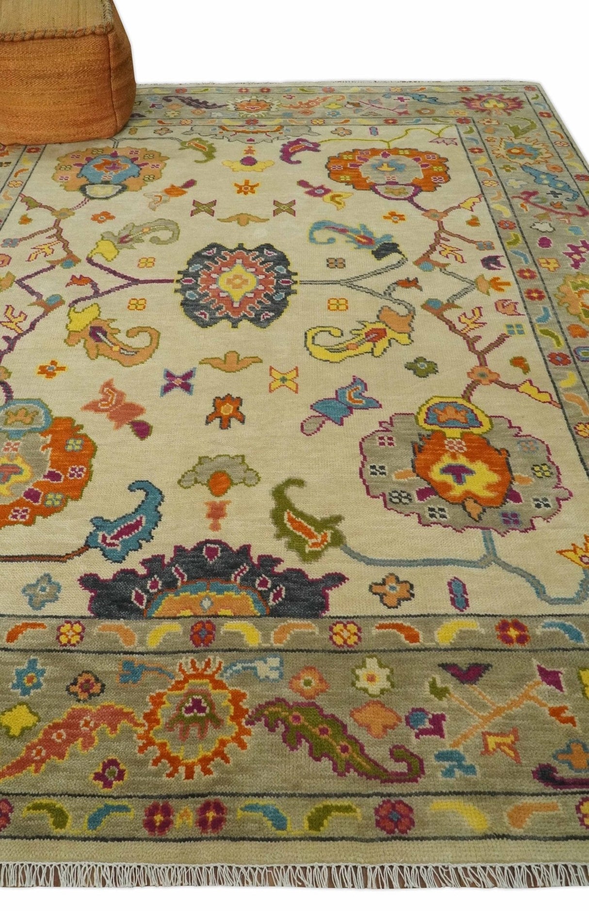 Custom Made Antique Style Beige Colorful Hand knotted Traditional Oushak wool Area Rug