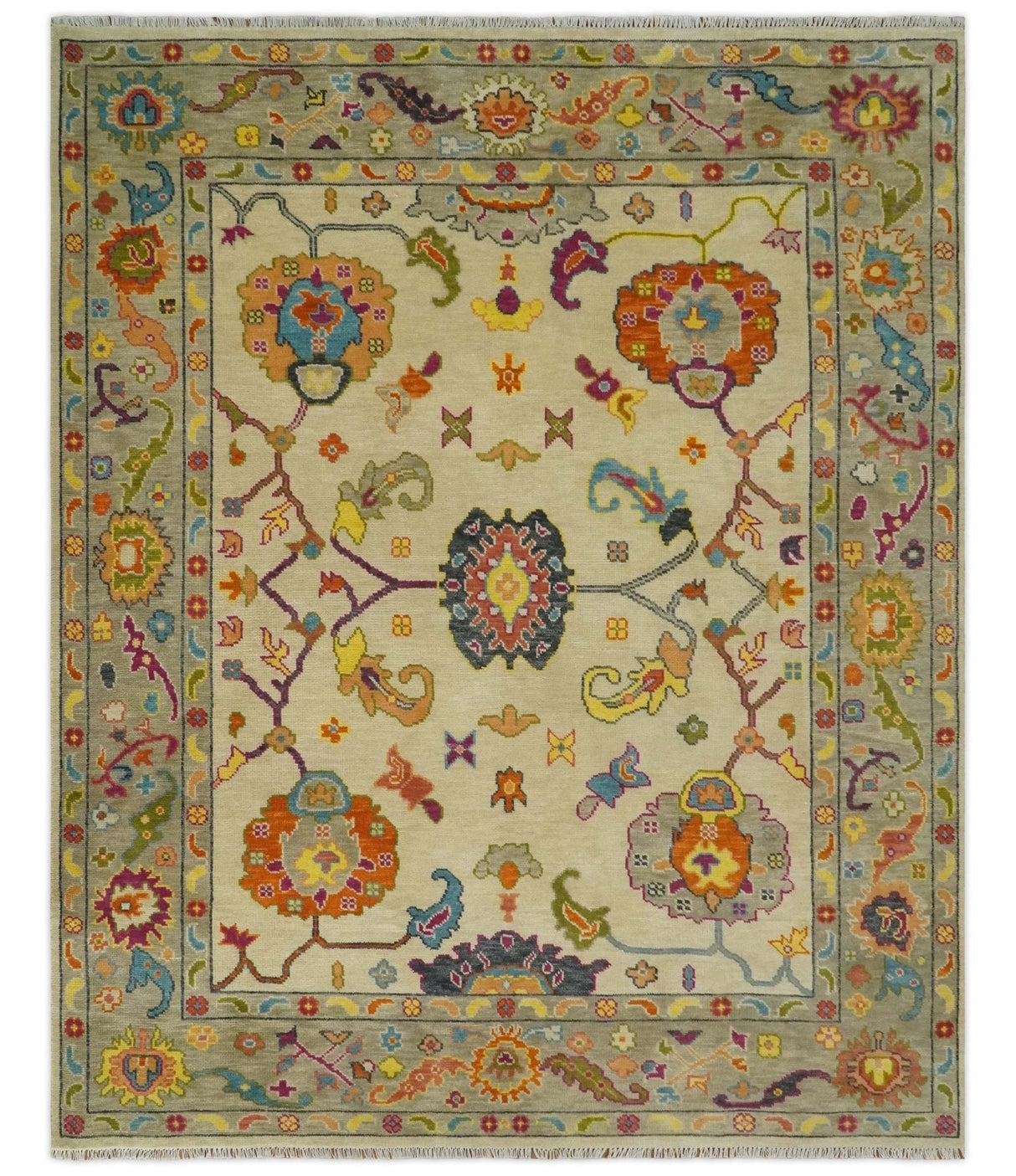 Custom Made Antique Style Beige Colorful Hand knotted Traditional Oushak wool Area Rug