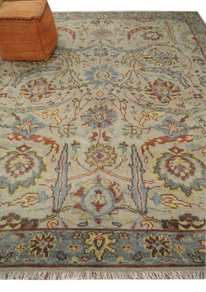 Custom Made Antique look Beige, Rust and Blue Traditional Vintage Style Hand Knotted Wool Area Rug