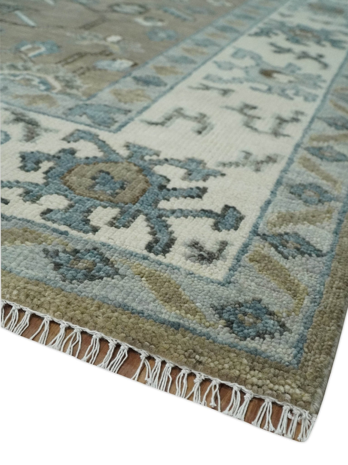Custom Made Antique look Hand Knotted Beige, Ivory and Silver Oriental Oushak Multi Size Traditional Wool Area Rug