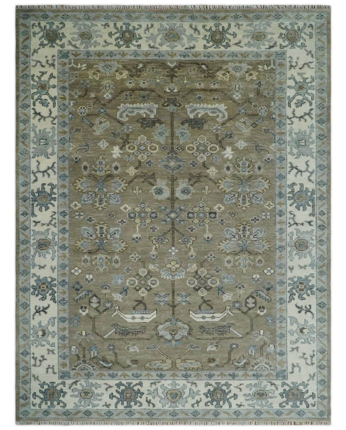Custom Made Antique look Hand Knotted Beige, Ivory and Silver Oriental Oushak Multi Size Traditional Wool Area Rug