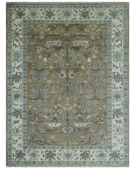 Custom Made Antique look Hand Knotted Beige, Ivory and Silver Oriental Oushak Multi Size Traditional Wool Area Rug
