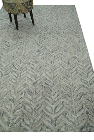 Custom Made Beige and Gray Leaf's Hand Tufted Modern Scandinavian Wool Loop Rug
