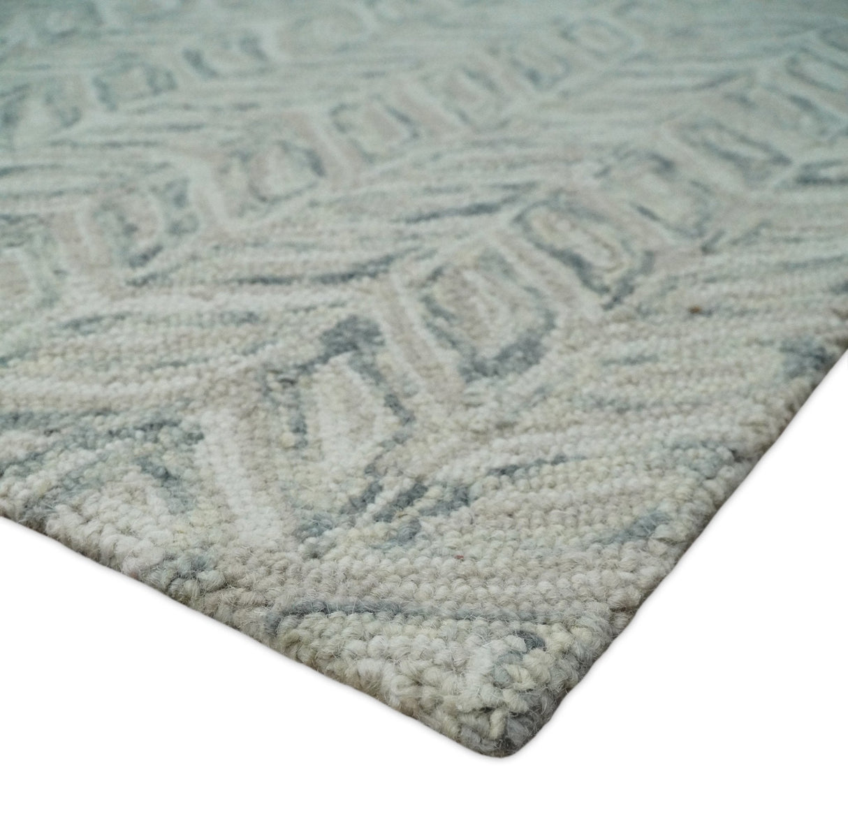 Custom Made Beige and Gray Leaf's Hand Tufted Modern Scandinavian Wool Loop Rug