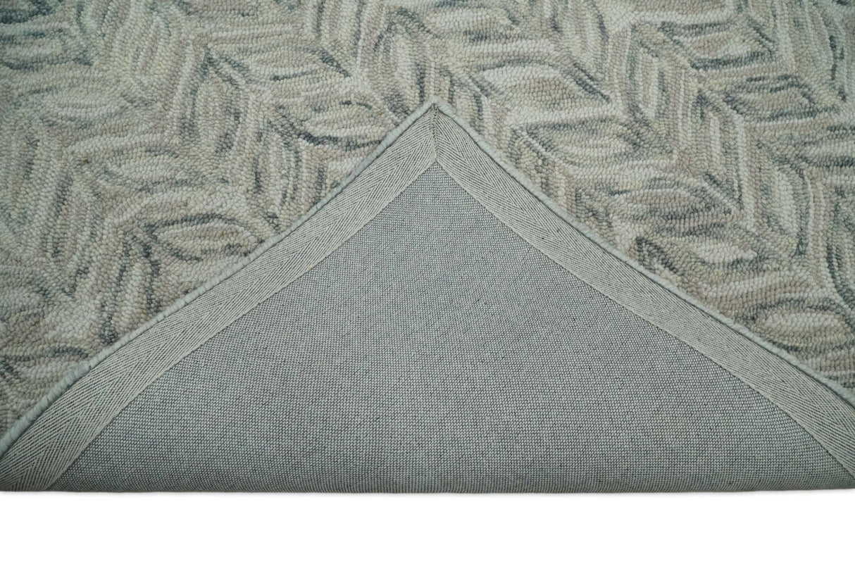 Custom Made Beige and Gray Leaf's Hand Tufted Modern Scandinavian Wool Loop Rug