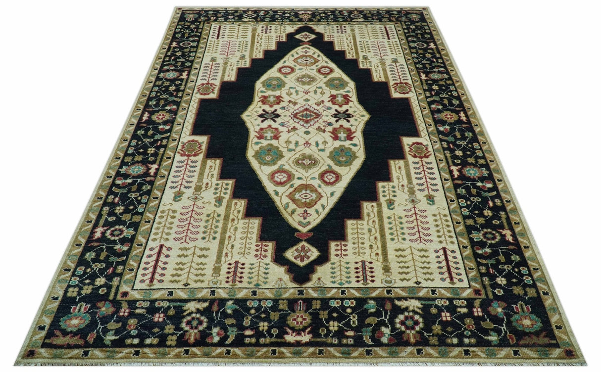 Custom Made Black And Ivory Traditional Serapi Design Hand Knotted Wool Rug