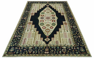 Custom Made Black And Ivory Traditional Serapi Design Hand Knotted Wool Rug