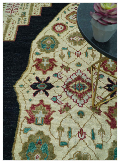 Custom Made Black And Ivory Traditional Serapi Design Hand Knotted Wool Rug
