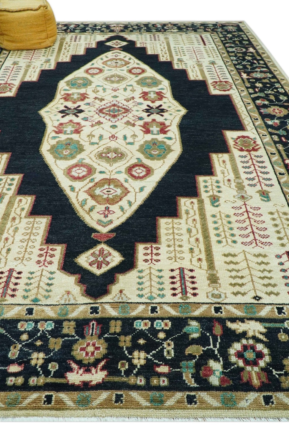 Custom Made Black And Ivory Traditional Serapi Design Hand Knotted Wool Rug