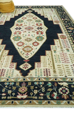 Custom Made Black And Ivory Traditional Serapi Design Hand Knotted Wool Rug