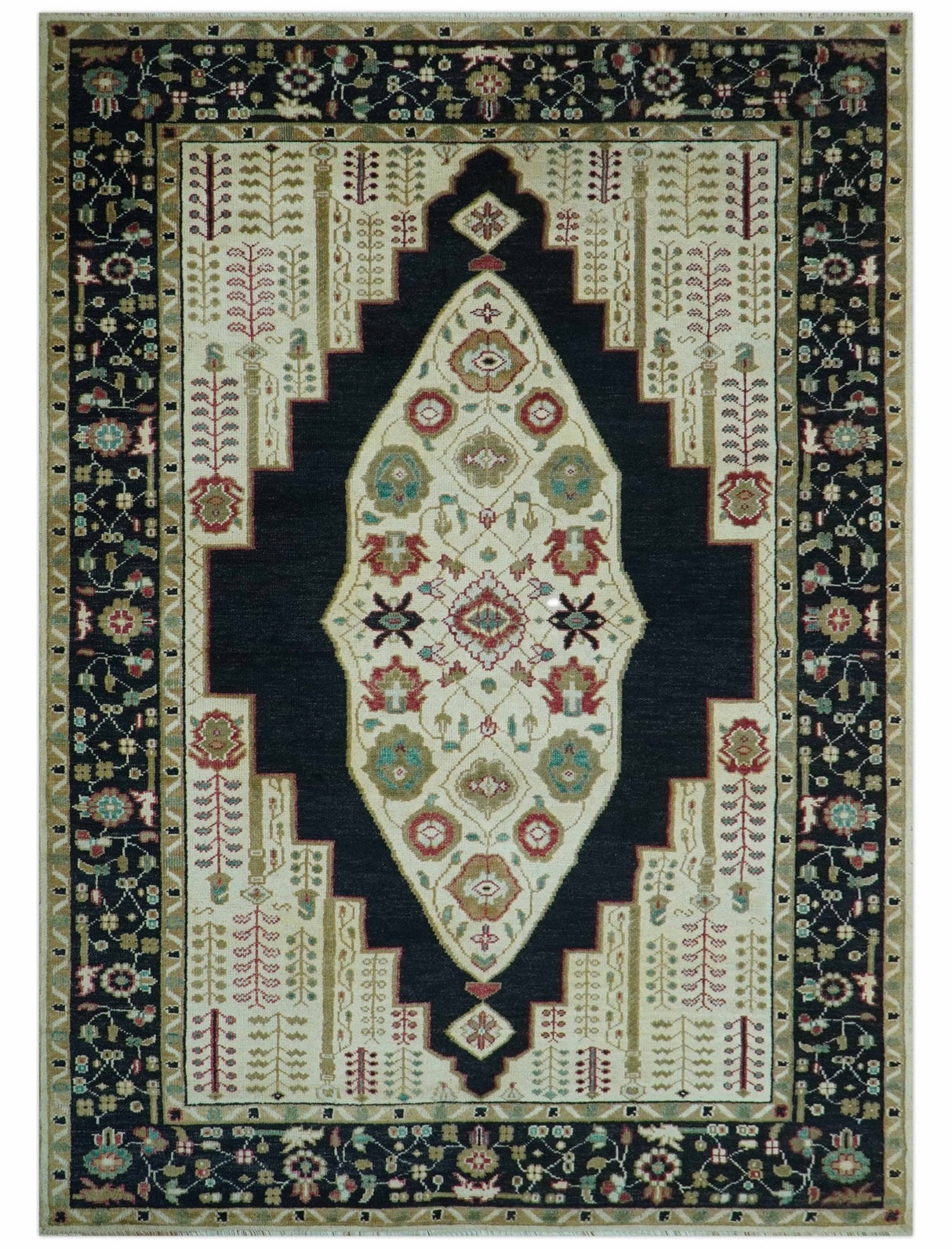 Custom Made Black And Ivory Traditional Serapi Design Hand Knotted Wool Rug