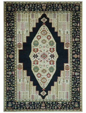 Custom Made Black And Ivory Traditional Serapi Design Hand Knotted Wool Rug