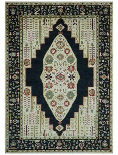 Custom Made Black And Ivory Traditional Serapi Design Hand Knotted Wool Rug