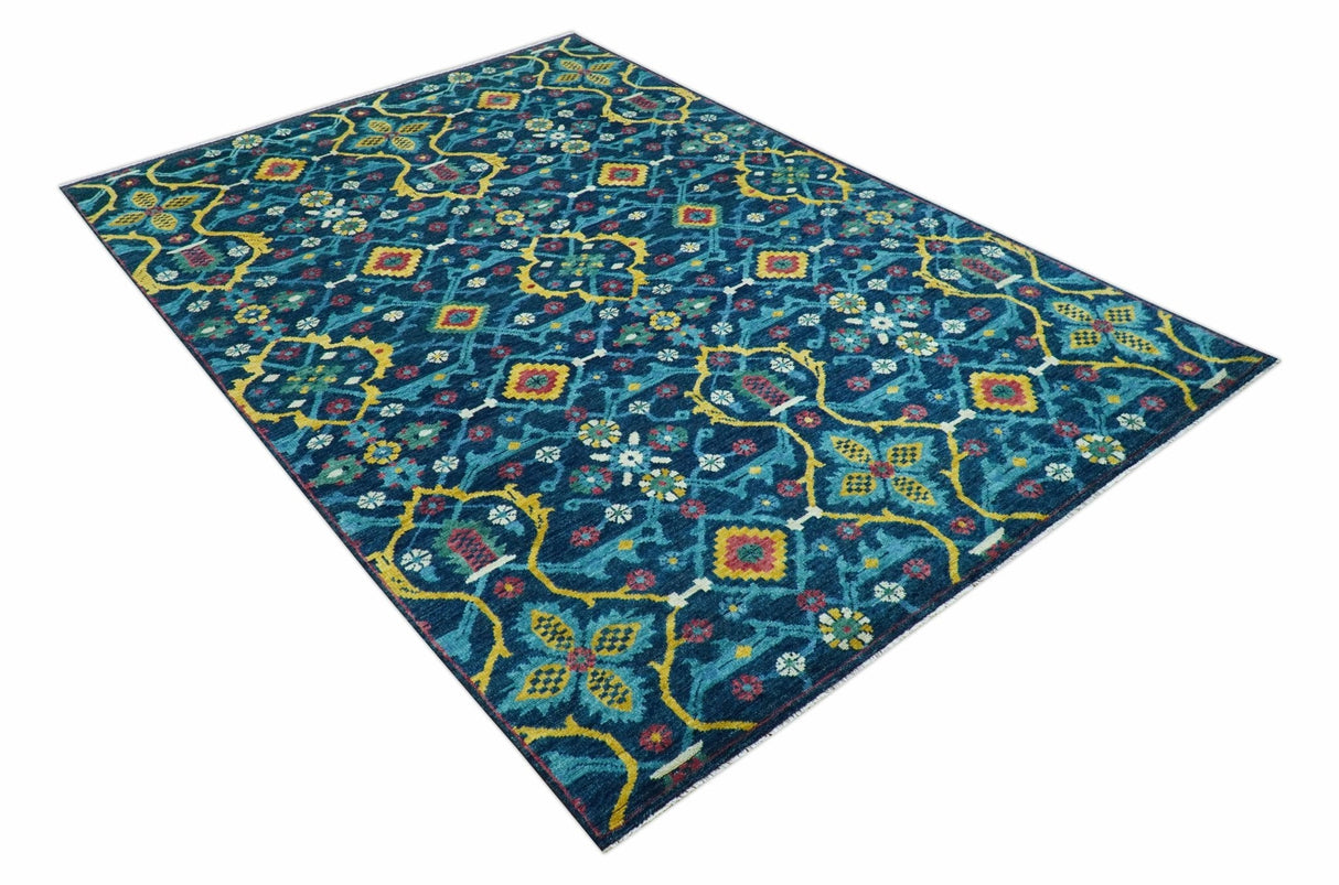 Custom Made Blue And Mustard Traditional Floral Motifs Hand Knotted Wool Rug