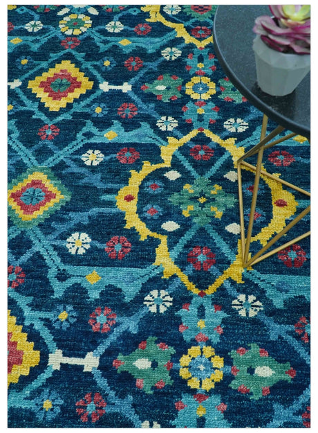 Custom Made Blue And Mustard Traditional Floral Motifs Hand Knotted Wool Rug