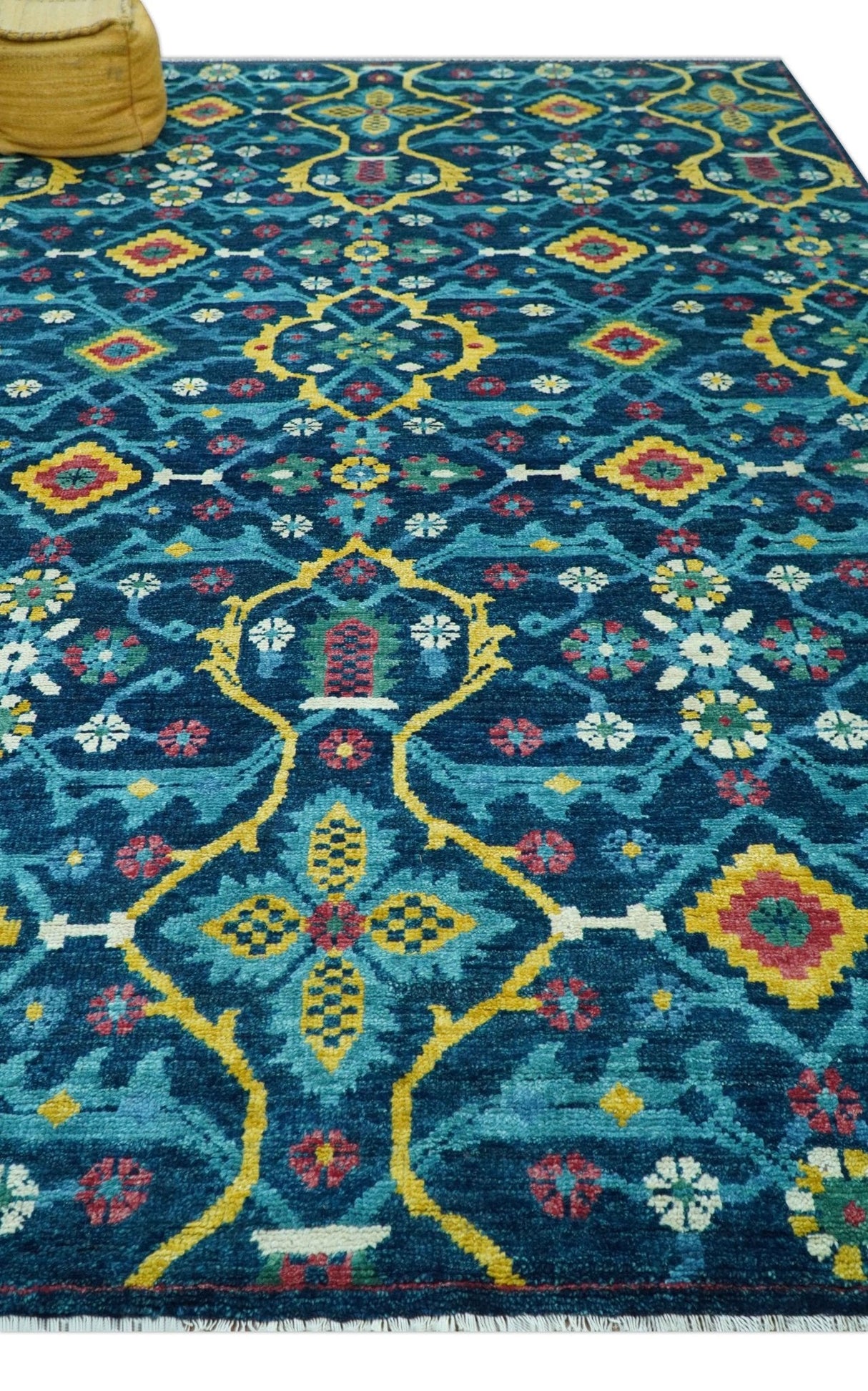 Custom Made Blue And Mustard Traditional Floral Motifs Hand Knotted Wool Rug