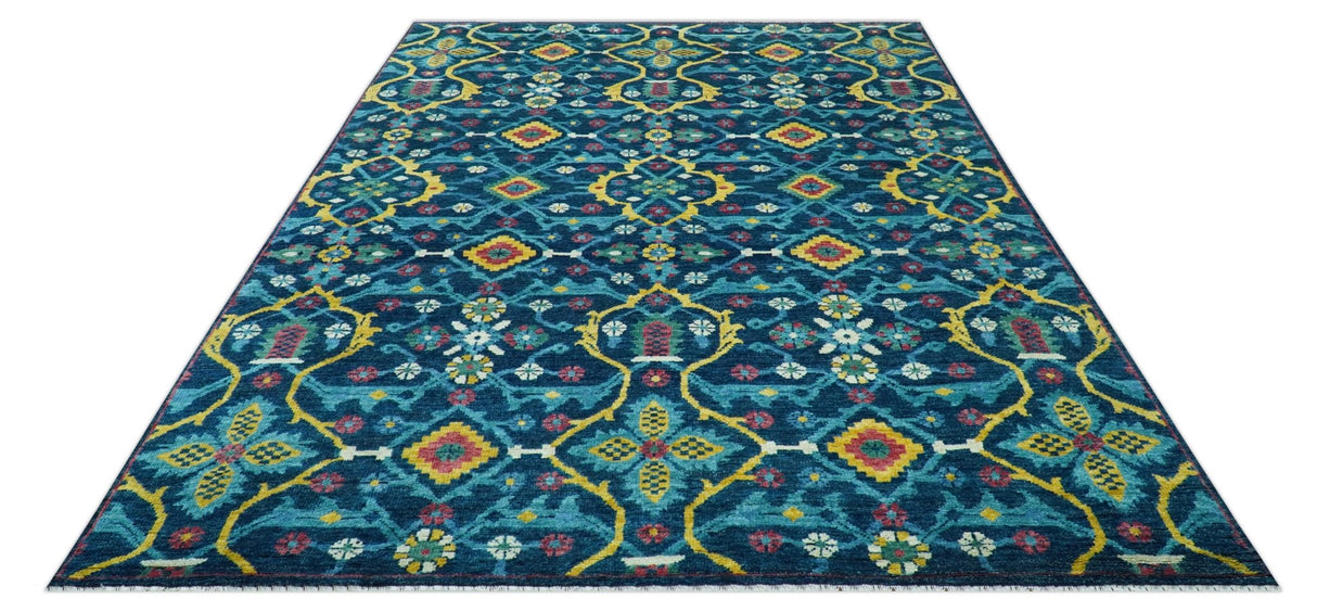 Custom Made Blue And Mustard Traditional Floral Motifs Hand Knotted Wool Rug