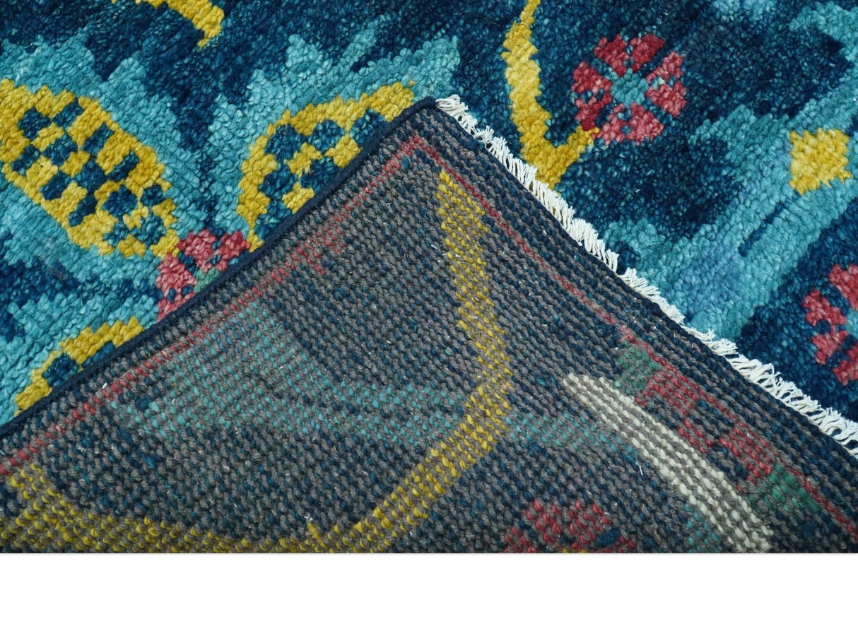 Custom Made Blue And Mustard Traditional Floral Motifs Hand Knotted Wool Rug