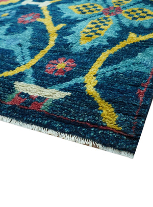 Custom Made Blue And Mustard Traditional Floral Motifs Hand Knotted Wool Rug