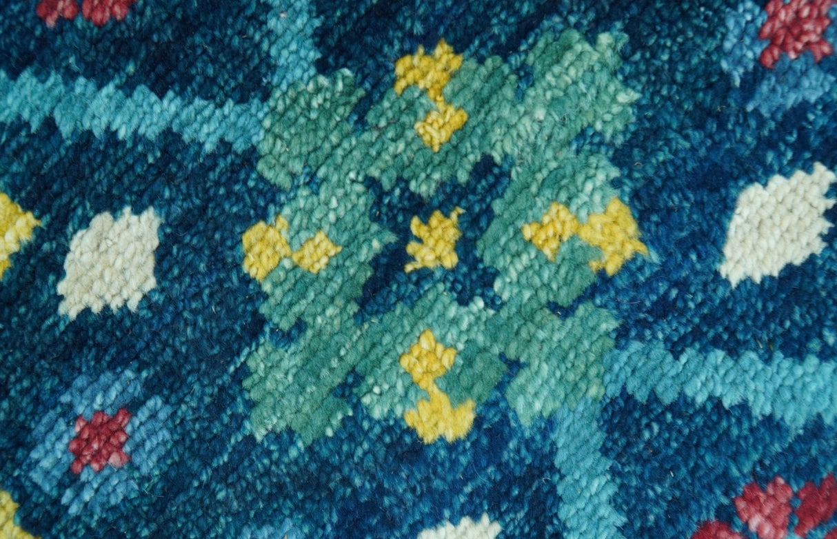 Custom Made Blue And Mustard Traditional Floral Motifs Hand Knotted Wool Rug