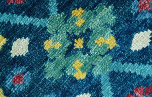 Custom Made Blue And Mustard Traditional Floral Motifs Hand Knotted Wool Rug