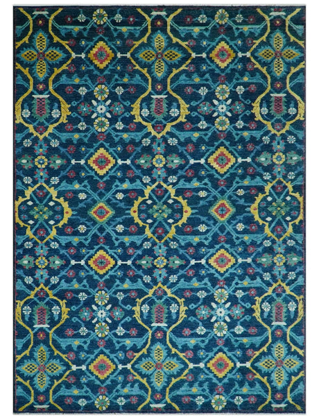 Custom Made Blue And Mustard Traditional Floral Motifs Hand Knotted Wool Rug