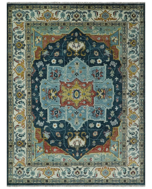 Custom Made Blue and Ivory Hand Knotted Modern Turkish Medallion Design Wool Area Rug