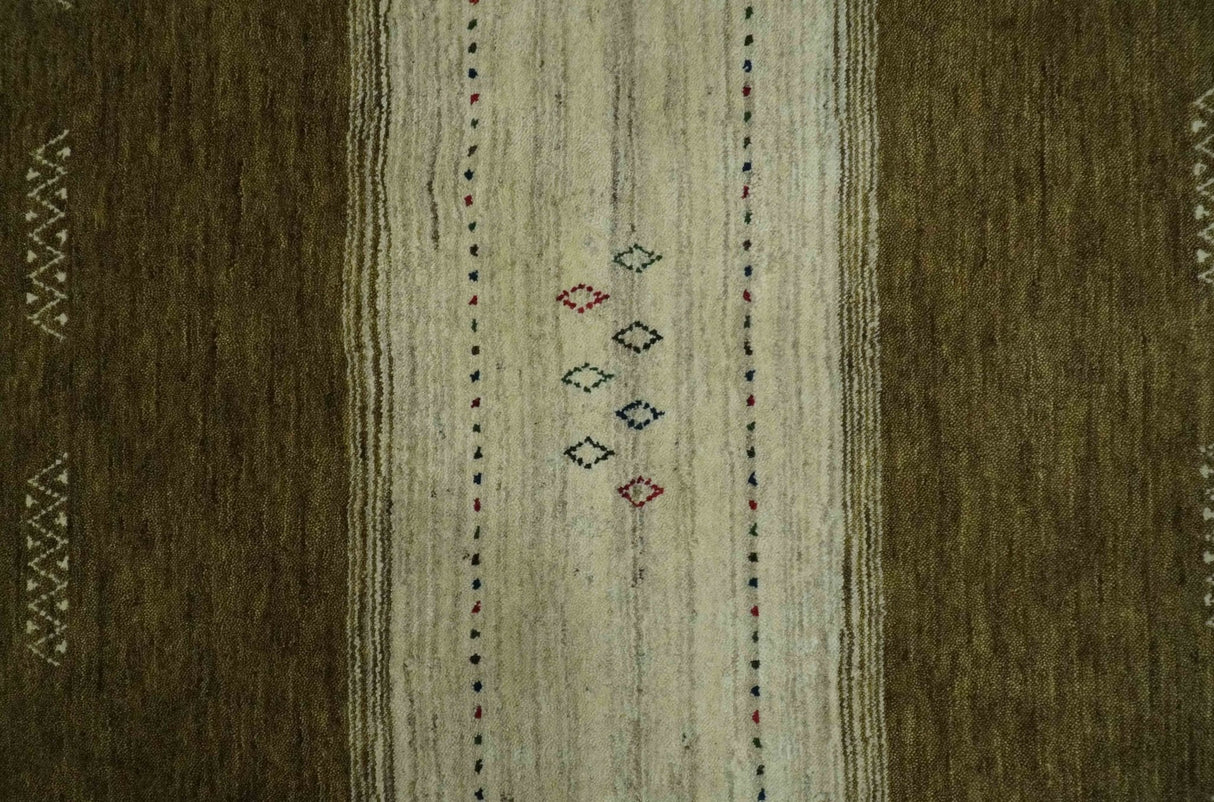 Custom Made Brown and Ivory Geometrical Stripes Design wool Area Rug