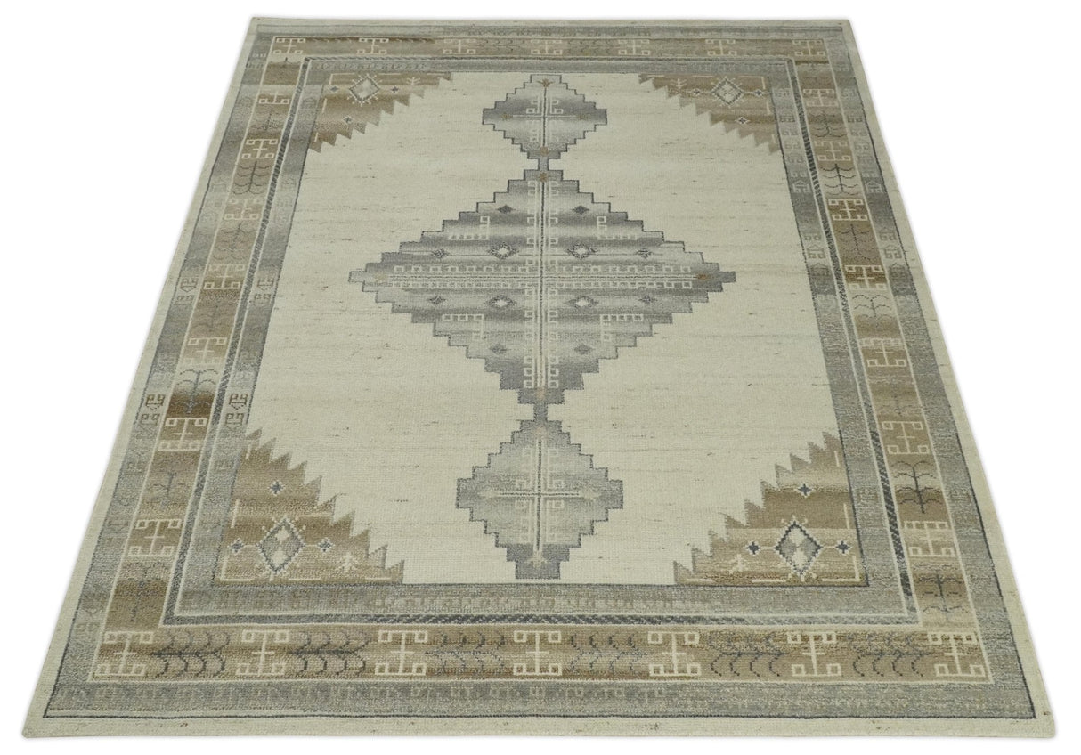 Custom Made Earthy Hand Knotted Ivory, Charcoal and Beige Wool Area Rug