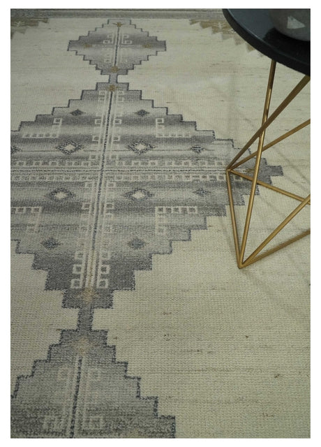 Custom Made Earthy Hand Knotted Ivory, Charcoal and Beige Wool Area Rug