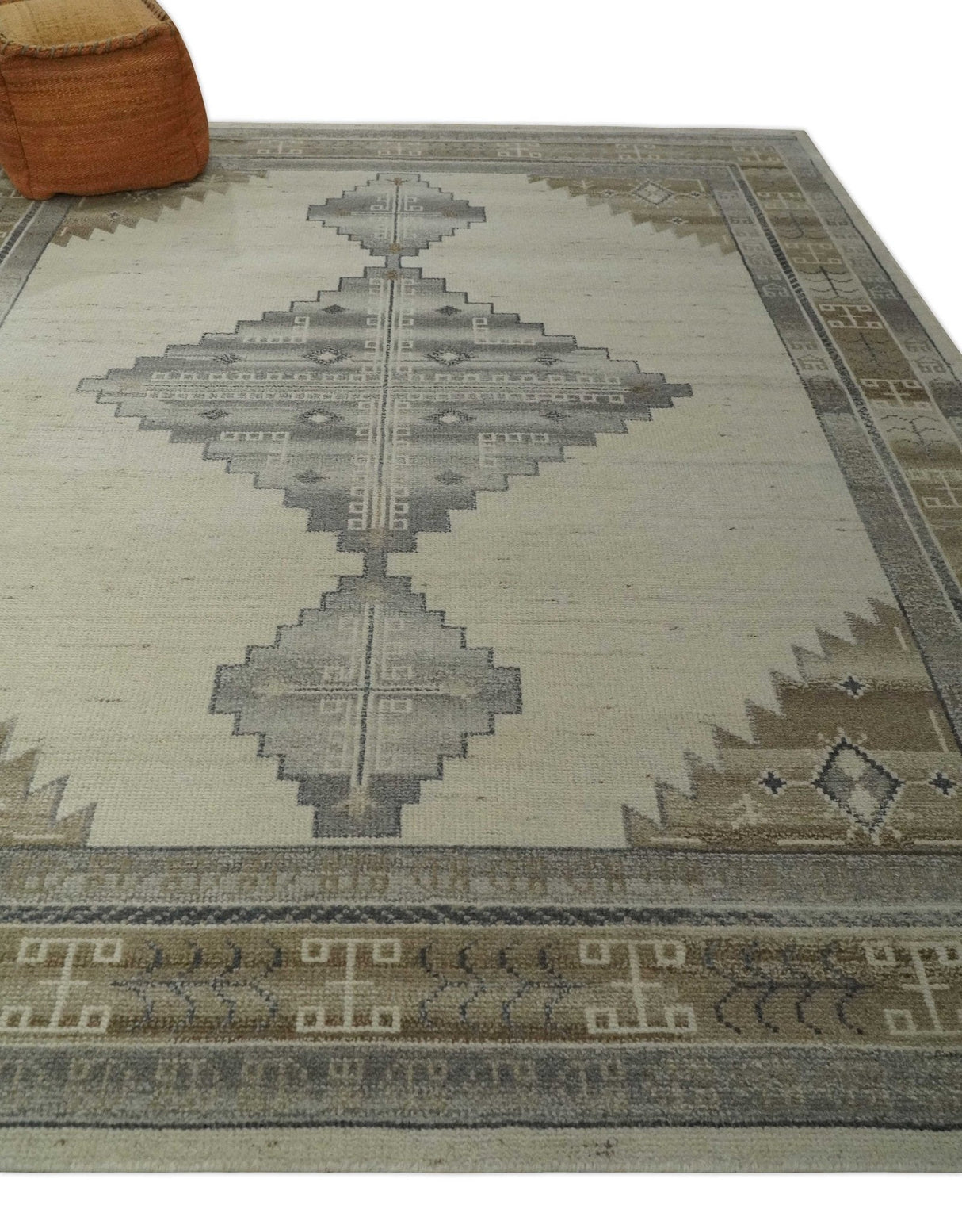 Custom Made Earthy Hand Knotted Ivory, Charcoal and Beige Wool Area Rug