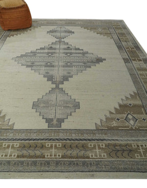 Custom Made Earthy Hand Knotted Ivory, Charcoal and Beige Wool Area Rug