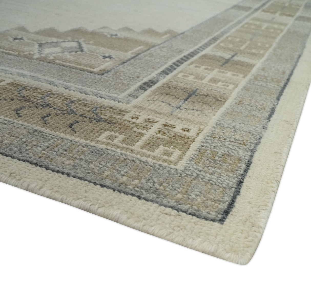 Custom Made Earthy Hand Knotted Ivory, Charcoal and Beige Wool Area Rug