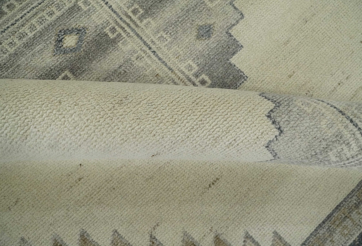 Custom Made Earthy Hand Knotted Ivory, Charcoal and Beige Wool Area Rug
