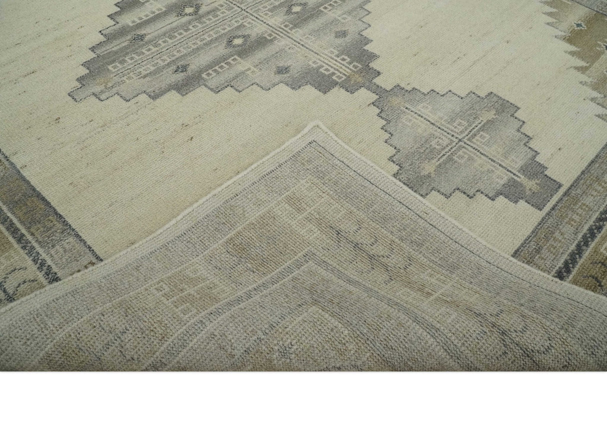 Custom Made Earthy Hand Knotted Ivory, Charcoal and Beige Wool Area Rug