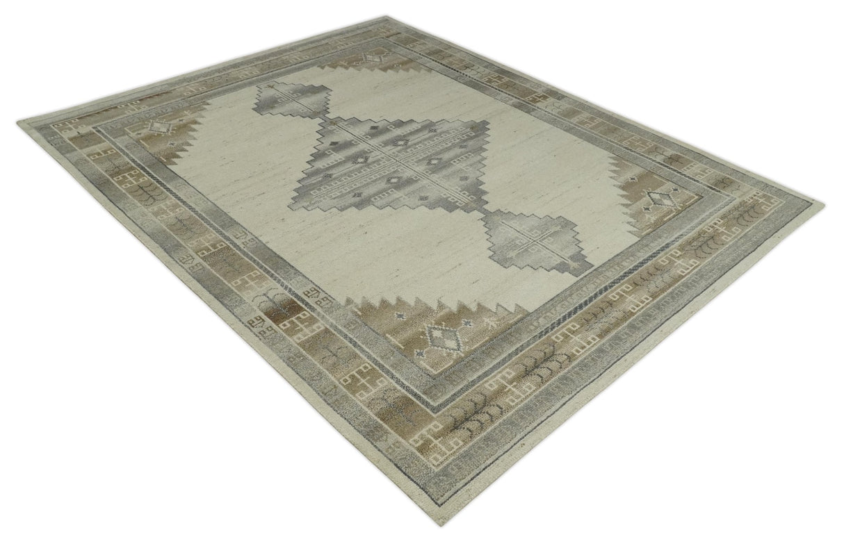 Custom Made Earthy Hand Knotted Ivory, Charcoal and Beige Wool Area Rug