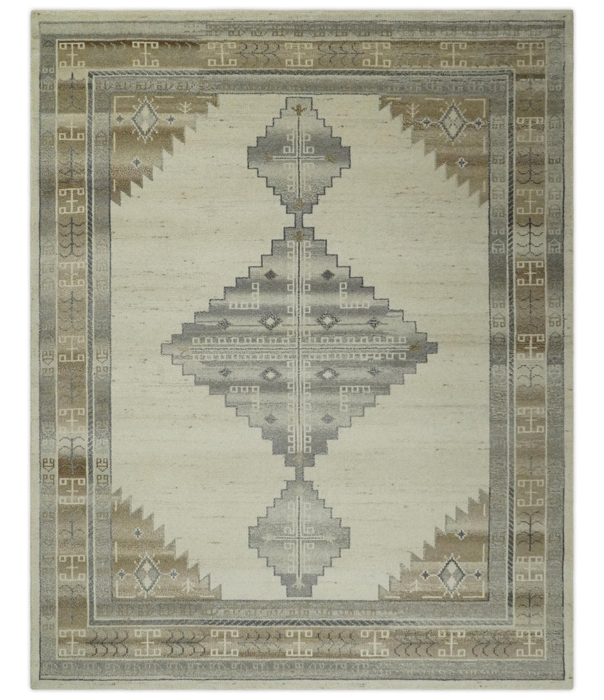 Custom Made Earthy Hand Knotted Ivory, Charcoal and Beige Wool Area Rug