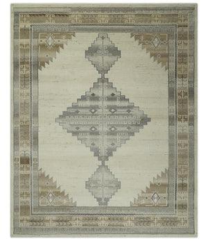 Custom Made Earthy Hand Knotted Ivory, Charcoal and Beige Wool Area Rug