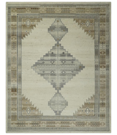 Custom Made Earthy Hand Knotted Ivory, Charcoal and Beige Wool Area Rug