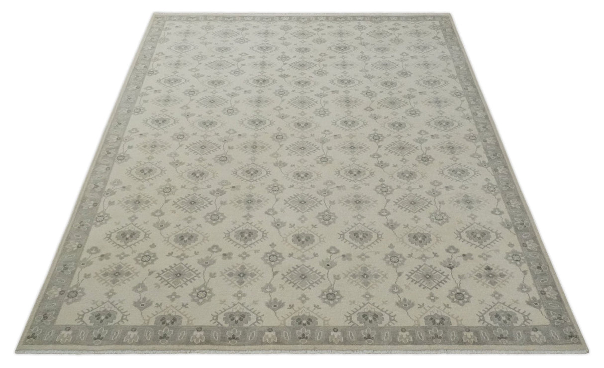 Custom Made Fine Hand Knotted Ivory and Charcoal Style Hand knotted Wool Area Rug