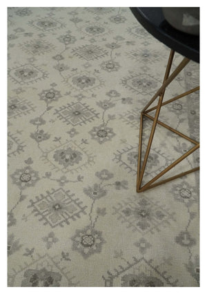 Custom Made Fine Hand Knotted Ivory and Charcoal Style Hand knotted Wool Area Rug