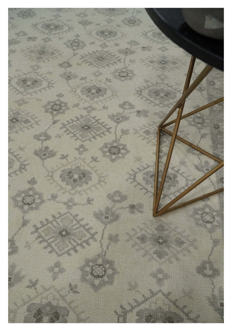 Custom Made Fine Hand Knotted Ivory and Charcoal Style Hand knotted Wool Area Rug