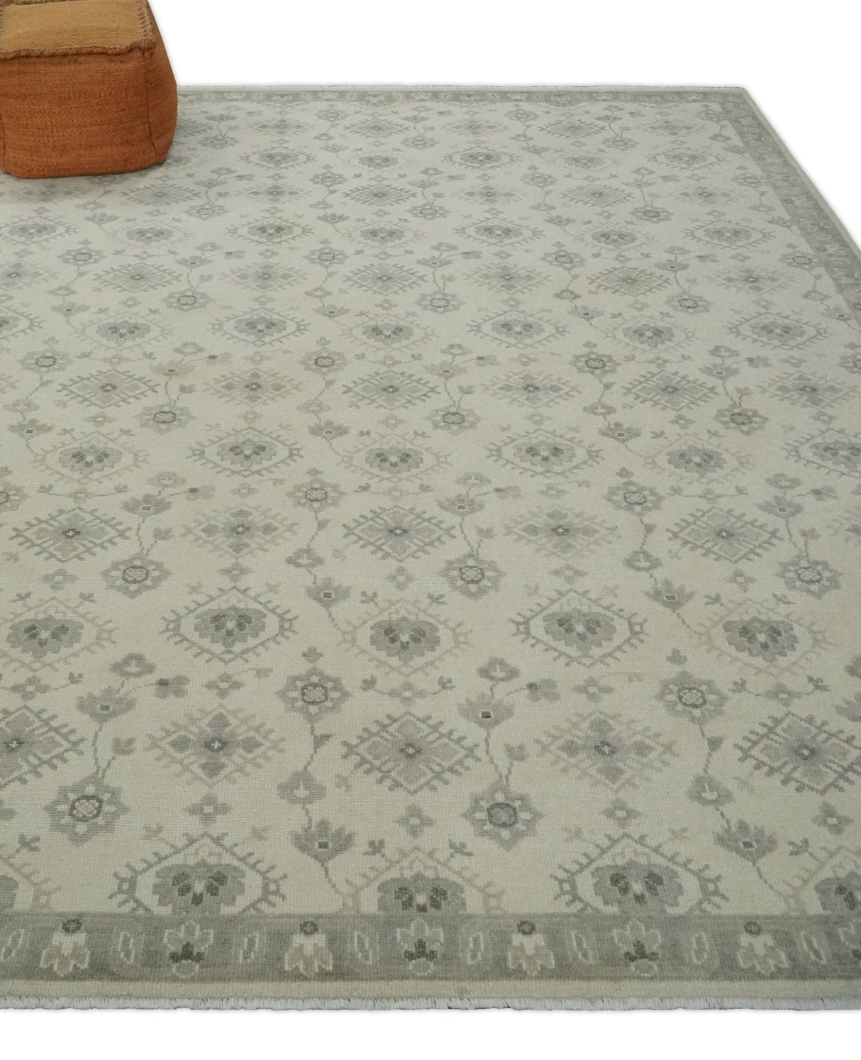 Custom Made Fine Hand Knotted Ivory and Charcoal Style Hand knotted Wool Area Rug