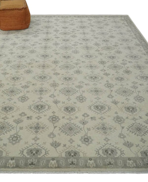 Custom Made Fine Hand Knotted Ivory and Charcoal Style Hand knotted Wool Area Rug