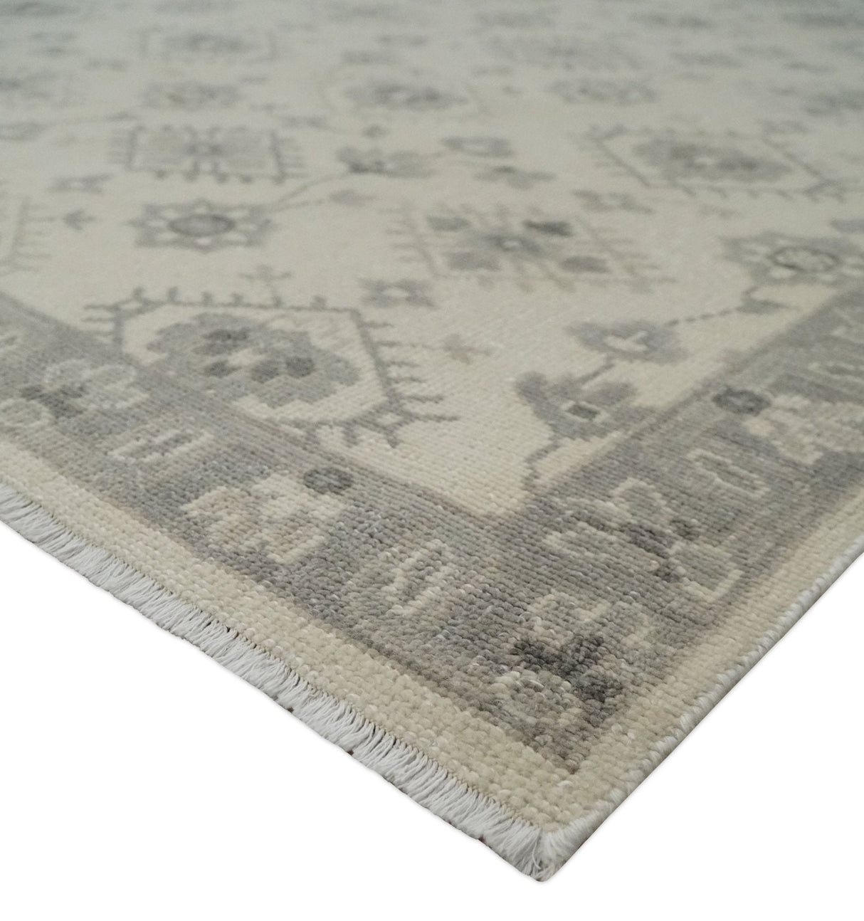 Custom Made Fine Hand Knotted Ivory and Charcoal Style Hand knotted Wool Area Rug