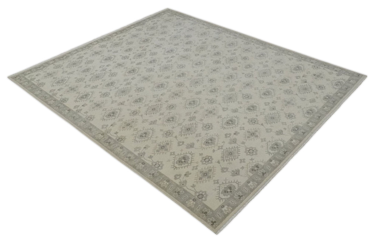 Custom Made Fine Hand Knotted Ivory and Charcoal Style Hand knotted Wool Area Rug