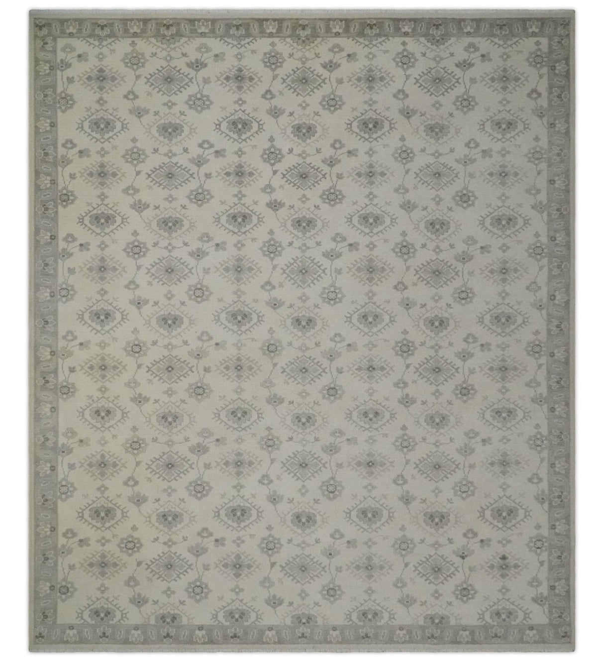 Custom Made Fine Hand Knotted Ivory and Charcoal Style Hand knotted Wool Area Rug