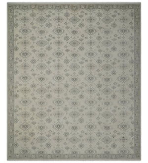 Custom Made Fine Hand Knotted Ivory and Charcoal Style Hand knotted Wool Area Rug