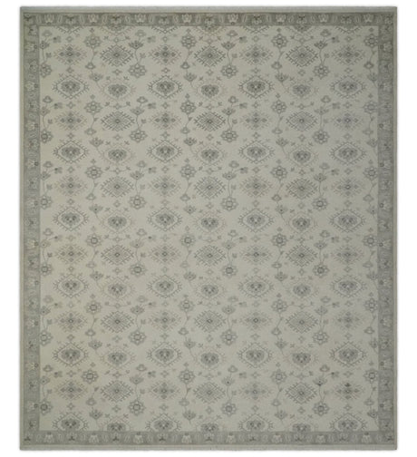 Custom Made Fine Hand Knotted Ivory and Charcoal Style Hand knotted Wool Area Rug