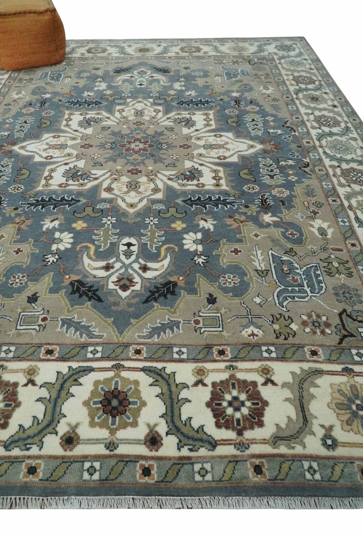 Custom Made Fine Knots Hand Knotted Ivory, Taupe and Olive Traditional Wool Rug